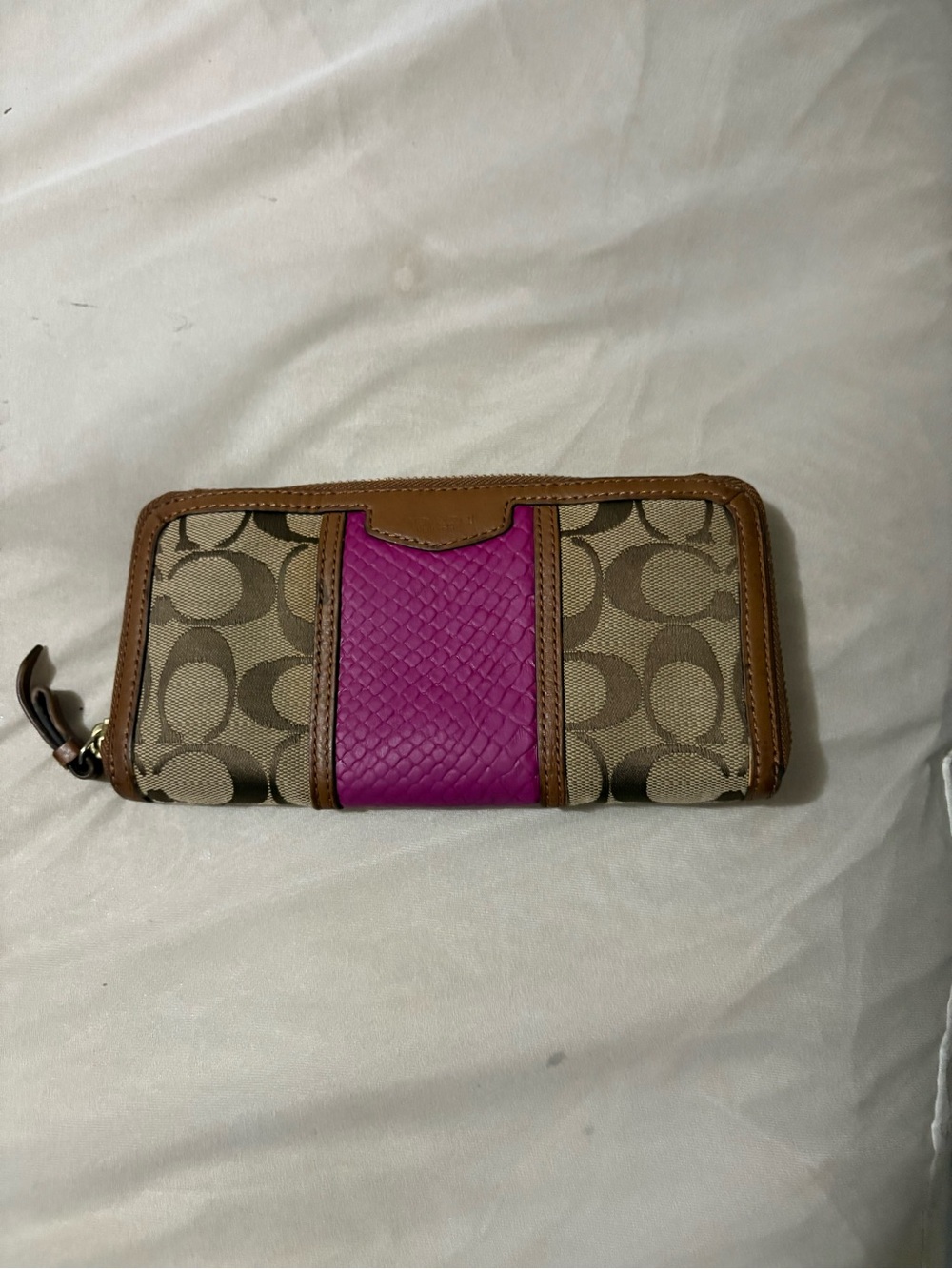 Coach Signature Canvas Zip Wallet with Pink Leather Panel